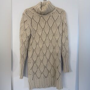 Massimo Dutti Italian Designer Loose Knit Crochet Beige Tan Sweater Dress Size L